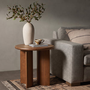 Walnut Finish Pine Wood Round Side Table with Unique Fan-Shaped Legs