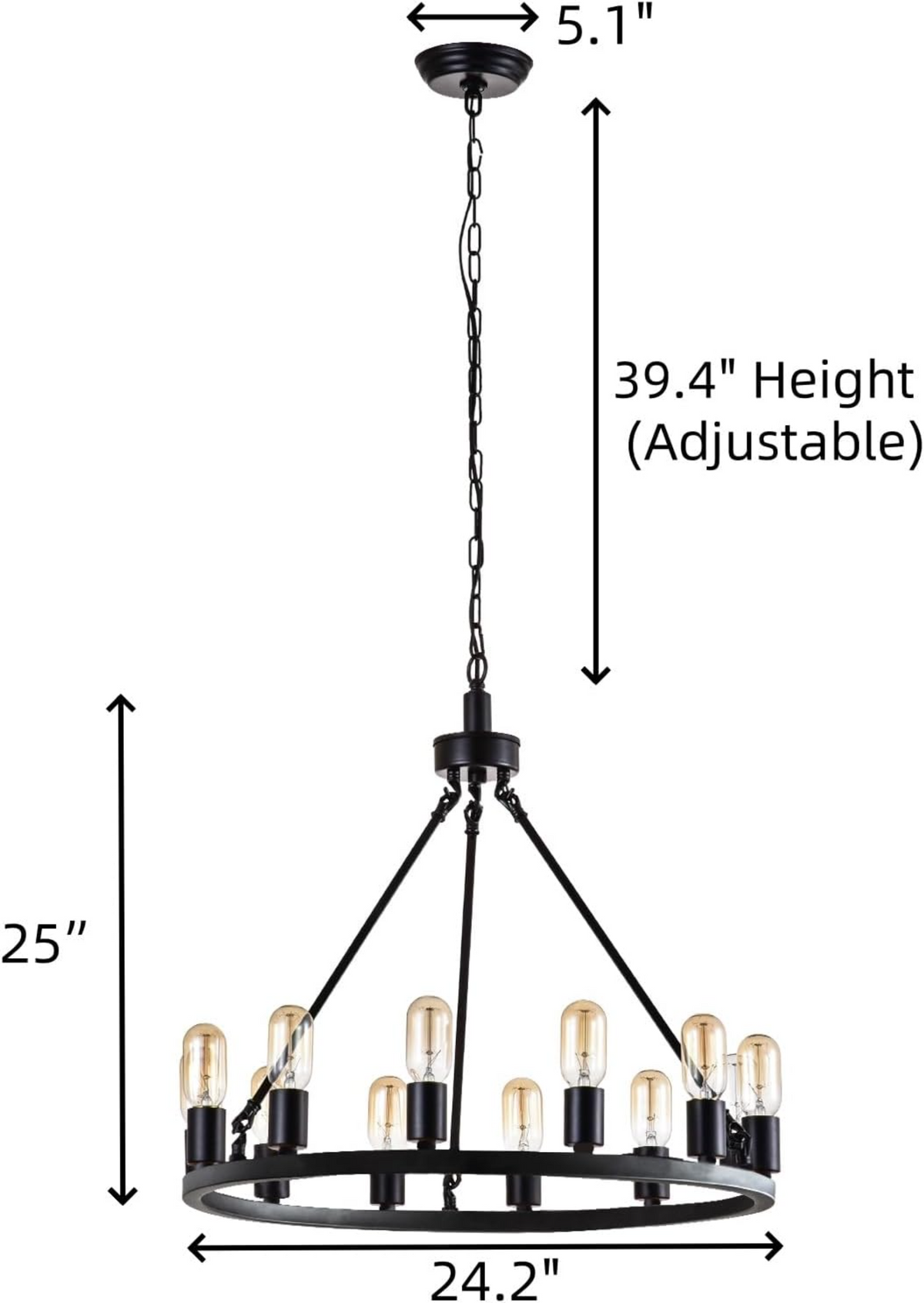 24.2" Wagon Wheel Chandelier, 12-Light, Black Metal