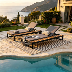 Black Iron & Teak Finish Chaise Lounge Set