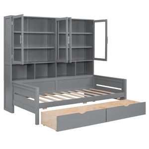 Daybed With Glass Door Storage Cabinets, Built In LED Lighting And Shelves