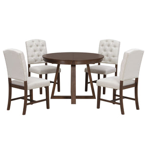 Dining Set With Leaf Round Table And 4 Upholstered Chairs