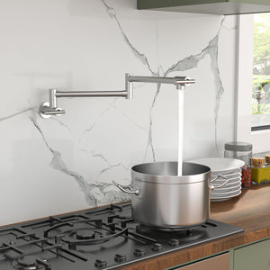 Wall Mount Pot Filler Faucet Folding Stretchable Kitchen Sink Faucet With 2 Handles - Brushed Nickel