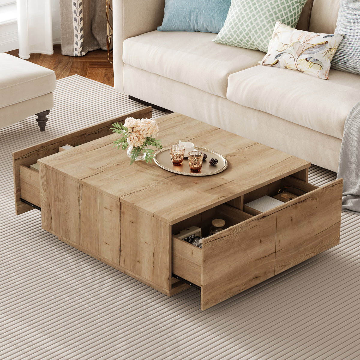 33.25-Inch Square Coffee Table with 4 Drawers, Natural