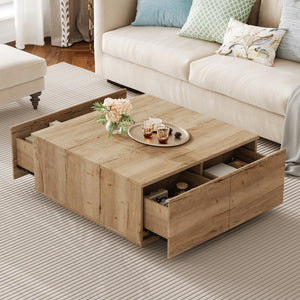 33.25-Inch Square Coffee Table with 4 Drawers, Natural
