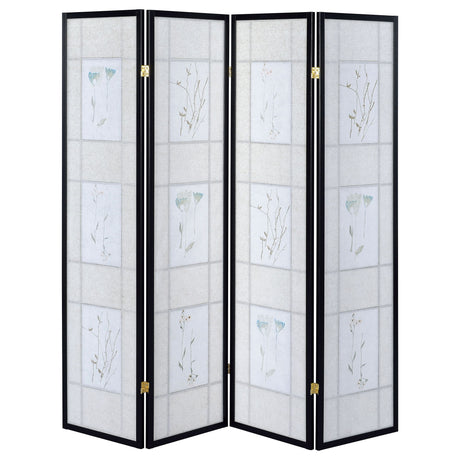 4 Panel Folding Screen With Floral Motif - Black
