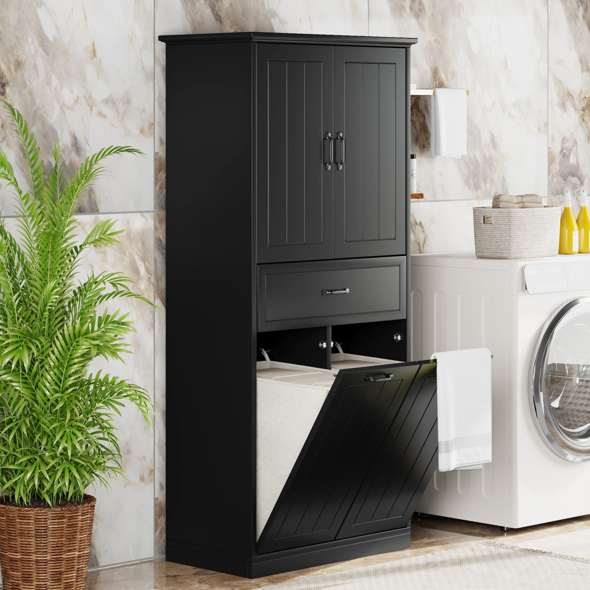 Modern Bathroom Storage Cabinet With Two Laundry Baskets, One Drawer, Adjustable Shelf - Best Buy Furniture