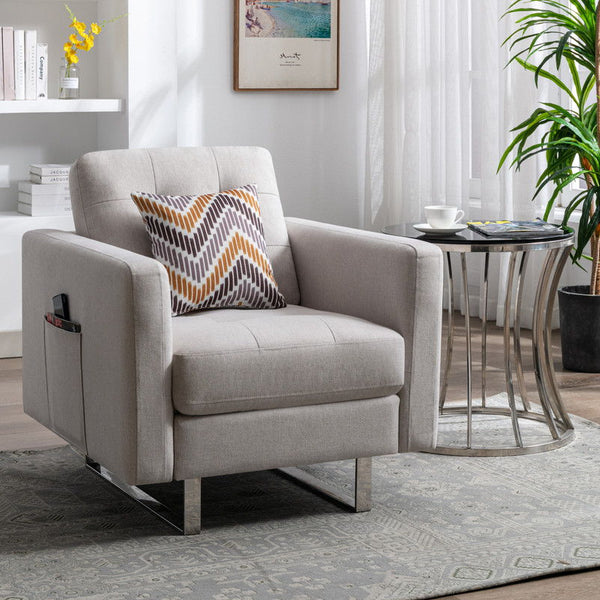 Victoria - Fabric Armchair With Metal Legs, Side Pockets, And Pillow