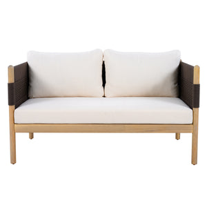 Outdoor Acacia Wood Loveseat with Diamond Rope Weave & Cushions, Light Teak