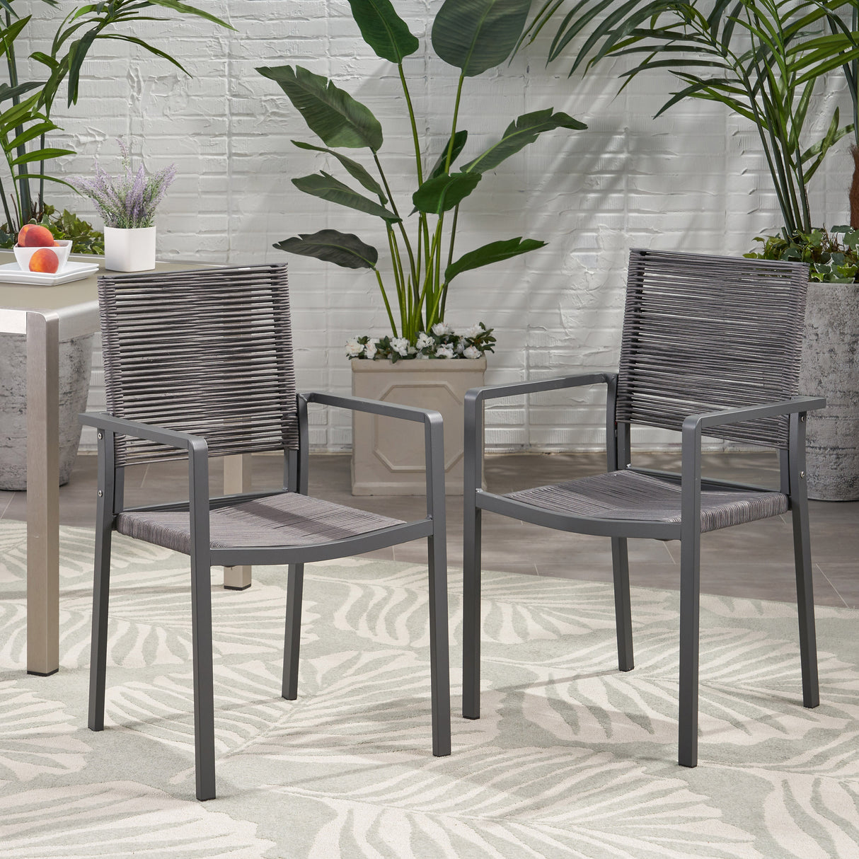 Outdoor Modern Aluminum Dining Chair with Rope Seat (Set of 2)