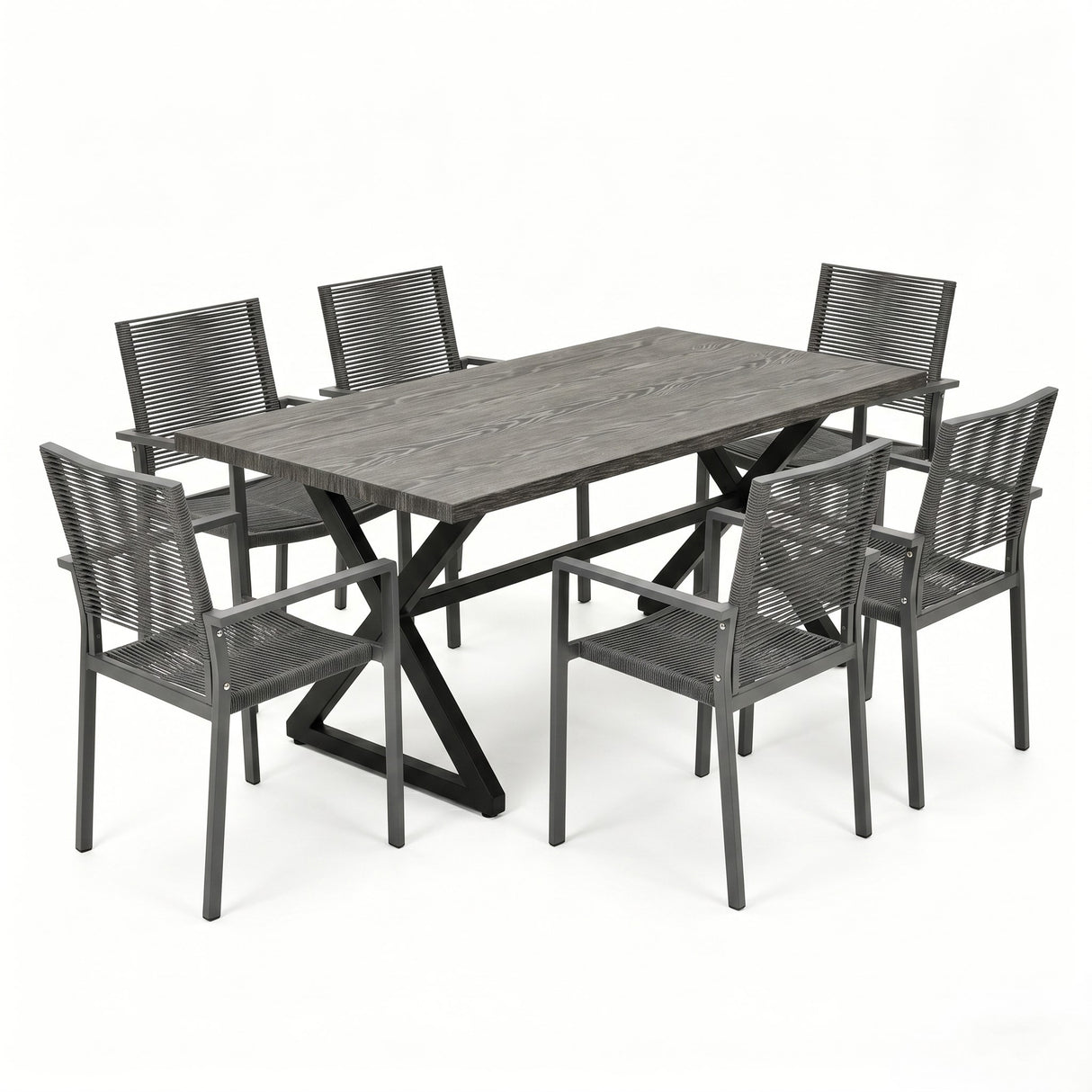 7-Piece Aluminum & Woven Rope Outdoor Patio Dining Set, Grey & Black