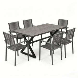 7-Piece Aluminum & Woven Rope Outdoor Patio Dining Set, Grey & Black