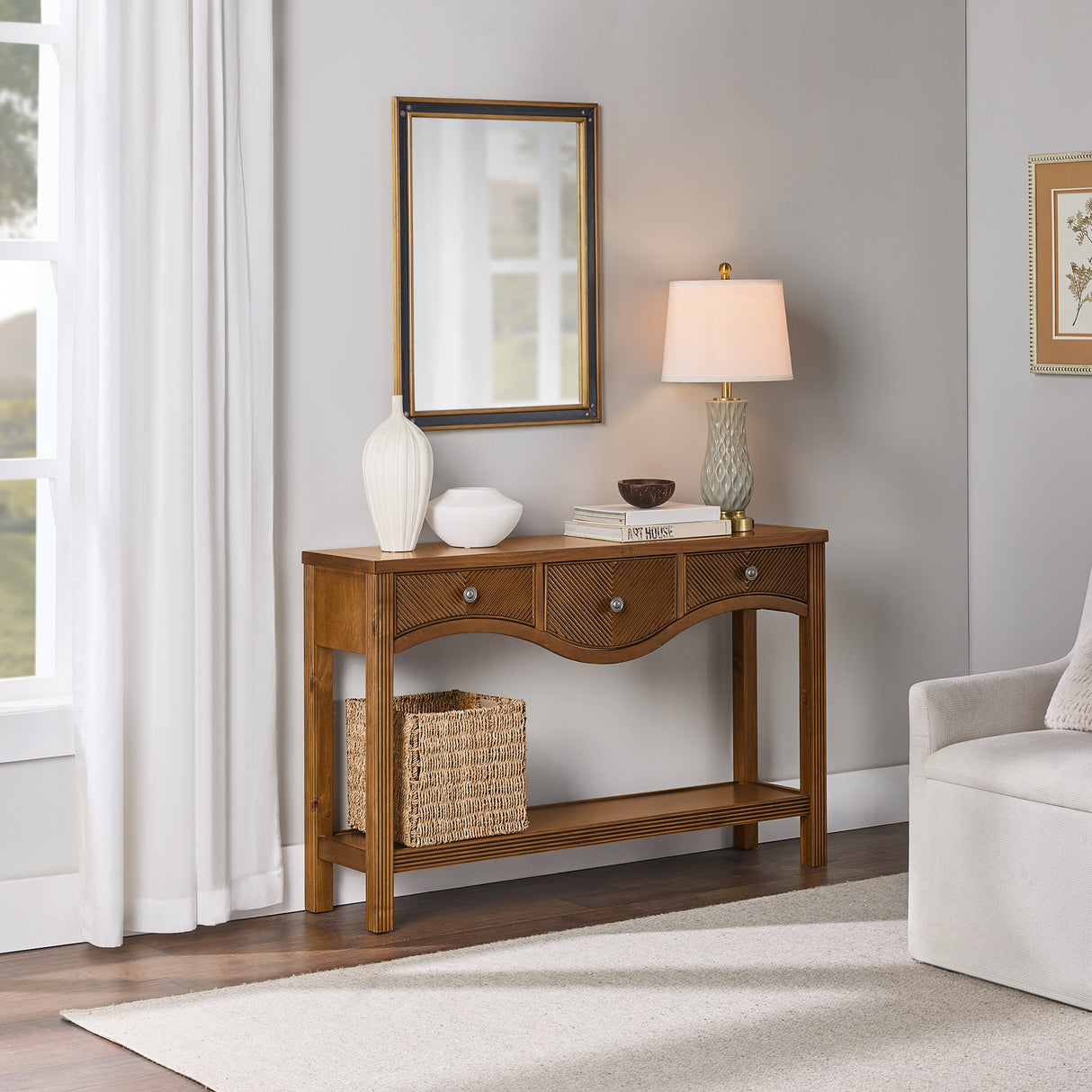 52'' Fluted Wood Console Table with 3 Drawers