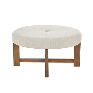 Beige Fabric Round Ottoman with Solid Wood Cross Base