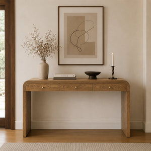 Walnut Curved Design 3-Drawer Long Console Table