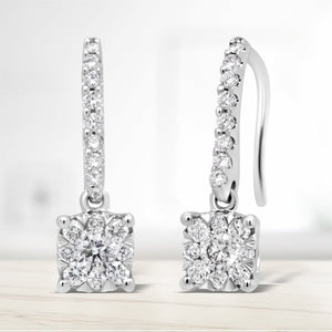 14K White 1/2 Cttw Round Diamond Halo Dangle Hook Earring - (H-I Color, SI2-I1 Clarity)