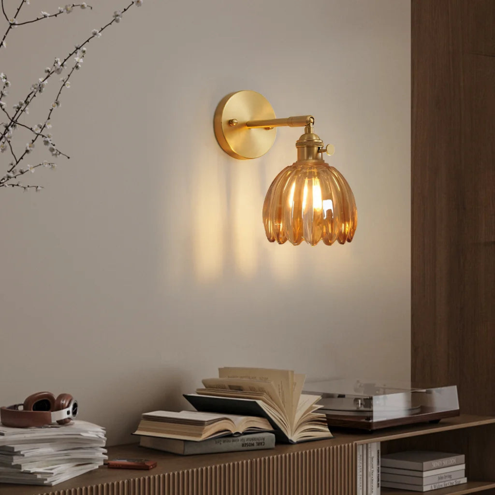 Vintage Brass Tulip Glass Wall Sconce 1-Light Classic Wall Light