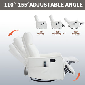 White Heat Massage Manual Recliner Chair with Rocker and Swivel in Faux Leather