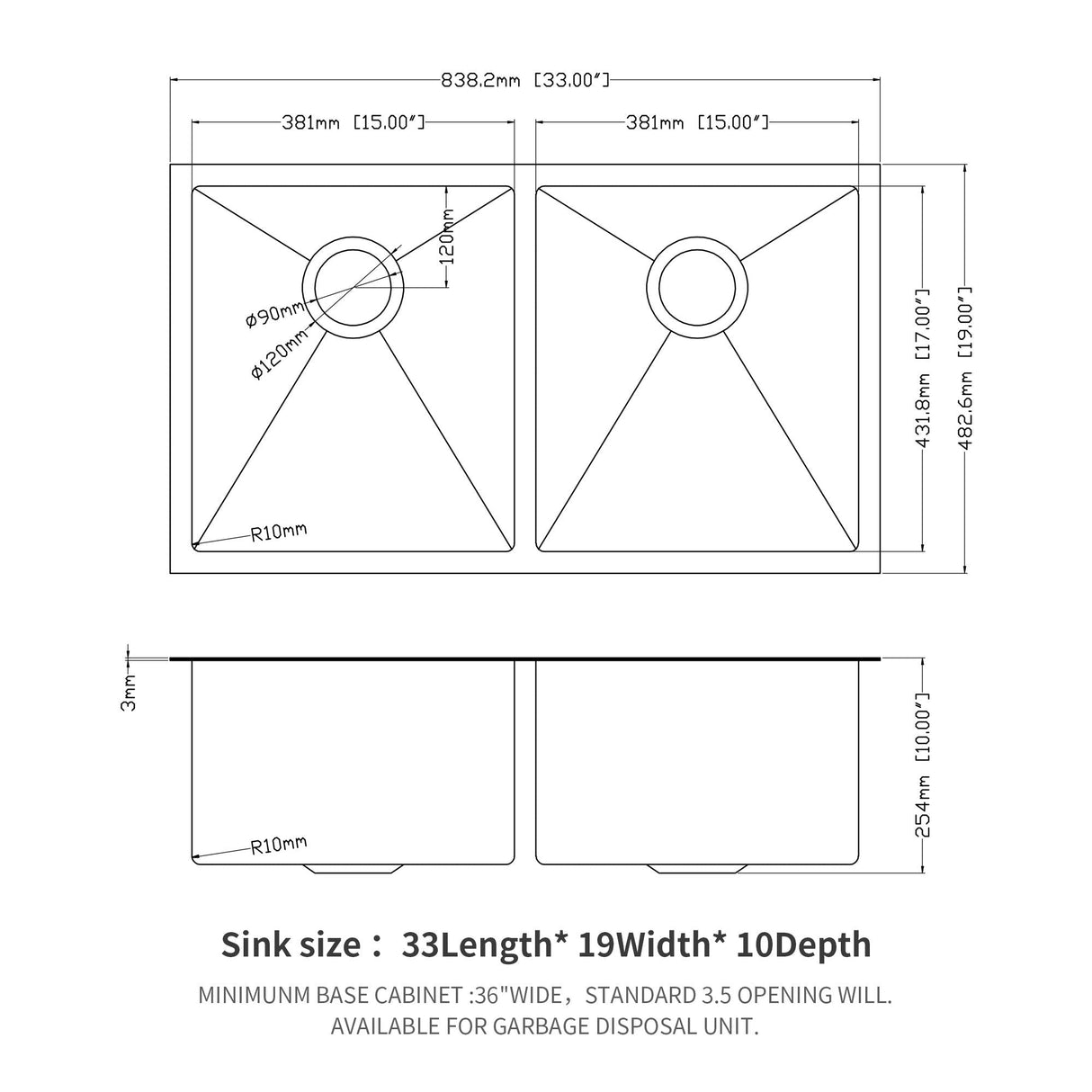 Double Bowl Undermount Kitchen Sink 16 Gauge 33" x 19" with Dual 10" Deep Basins - Gunmetal Black