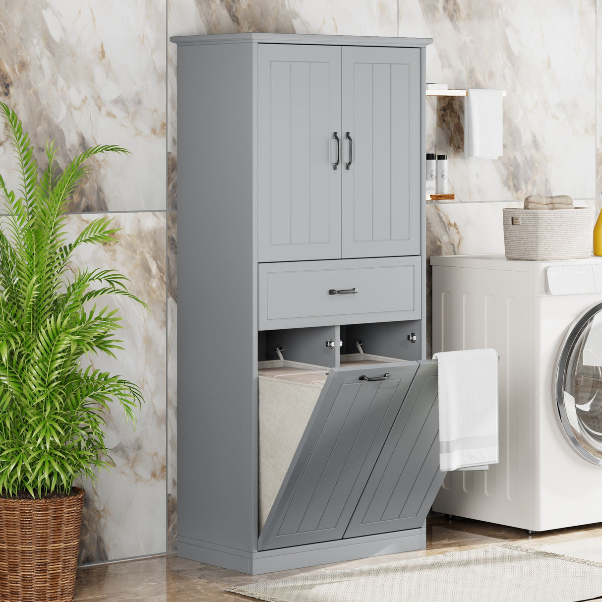 Modern Bathroom Storage Cabinet With Two Laundry Baskets, One Drawer, Adjustable Shelf - Best Buy Furniture