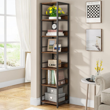 Tall 6 Tier Corner Shelf, Narrow Bookshelf Storage Rack, Square Etagere Display Stand - Rustic Brown