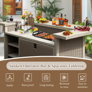 Patio Bar Table with Cabinet - Outdoor Aluminum & PE Wicker