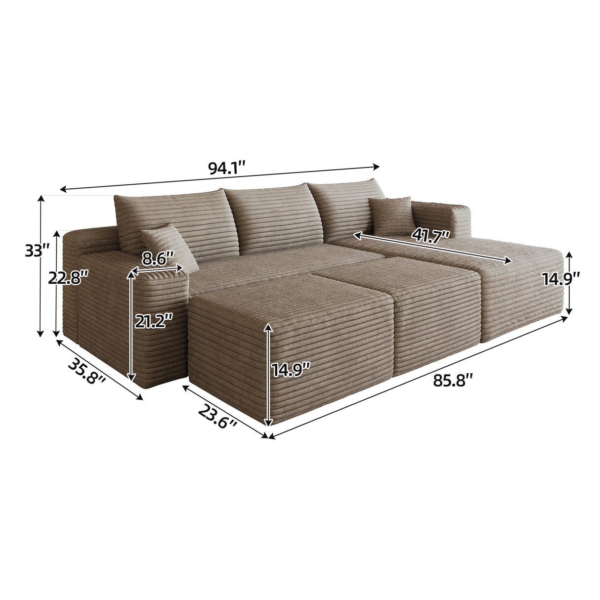95" Cloud Sectional Sofa with 2 Ottomans