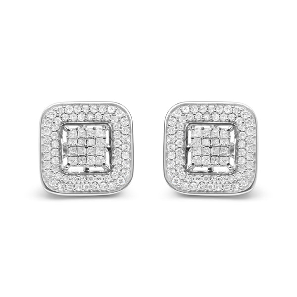 10K White Gold 1.0 Cttw Round and Princess Cut Diamond Composite Open Halo Stud Earrings (H-I Color, SI1-SI2 Clarity)