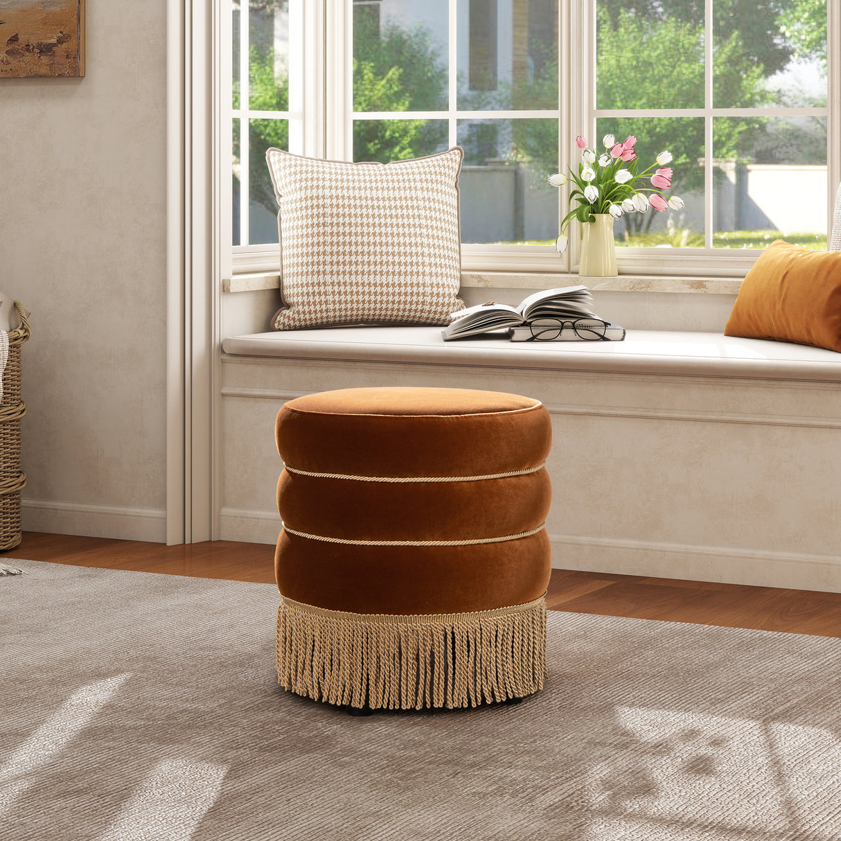 Edward 17.5" Round Upholstered Ottoman with Bullion Fringe Burnt