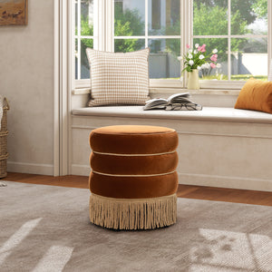 Edward 17.5" Round Upholstered Ottoman with Bullion Fringe Burnt