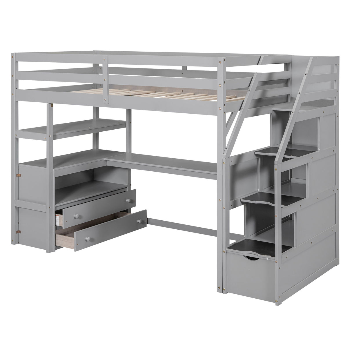 Loft Bed With Desk, Shelves, 2 Drawers, Storage Staircase