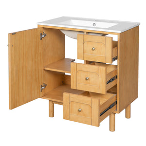 Bathroom Vanity With Sink, 3 Drawers, Soft Close Door - Natural Wood