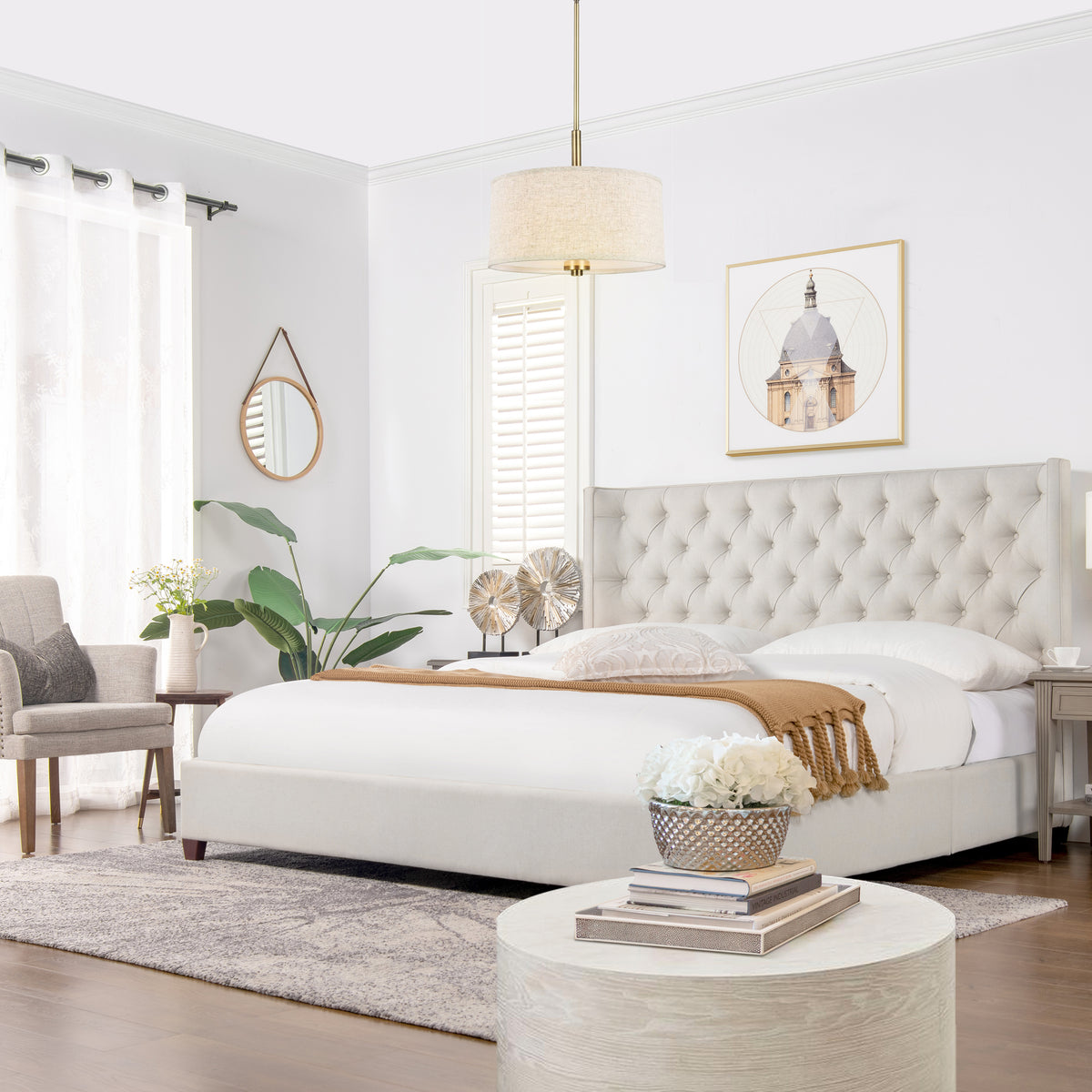 Manhattan Shelter King Platform Bed Frame, Light Beige Linen
