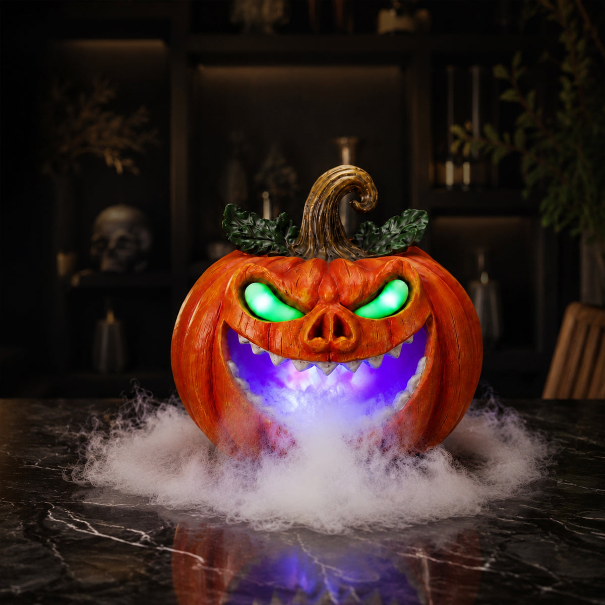 Halloween Pumpkin Monster Mist Sprayer, LED Light Up Fogger Figurine