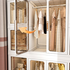 Portable Wardrobe Closet Storage Organizer For Clothes With Magnetic Doors, 12 Cubes & 2 Hanging Rods - White