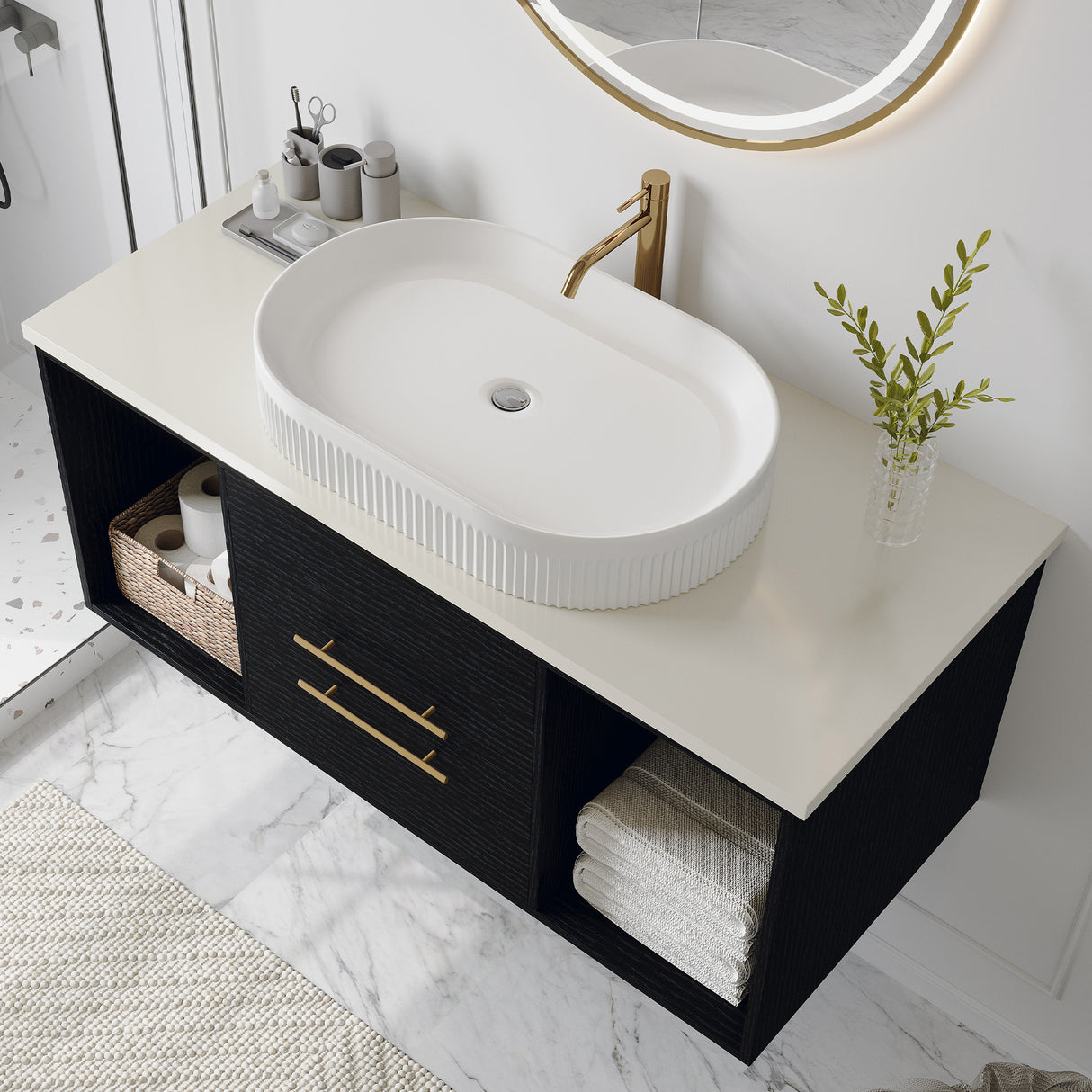 Modern 39.4-In Wall-Mounted Bathroom Vanity with Oval Ceramic Sink