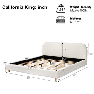 California King Size Upholstered Bed with Boucle Fabric and Curved Headboard