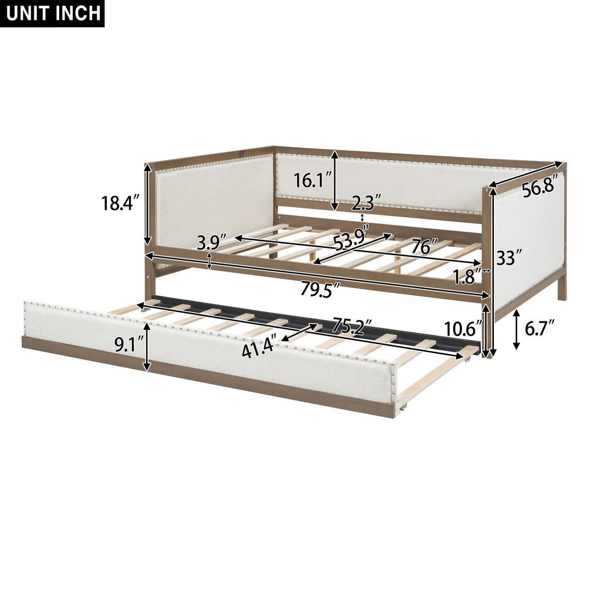 Full Size Daybed With Trundle And Nailhead Decoration - Wood