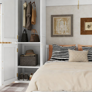 Queen Size Murphy Bed With Wardrobe, Space-Saving Hidden Wall Bed With Desk And Charging Station - White