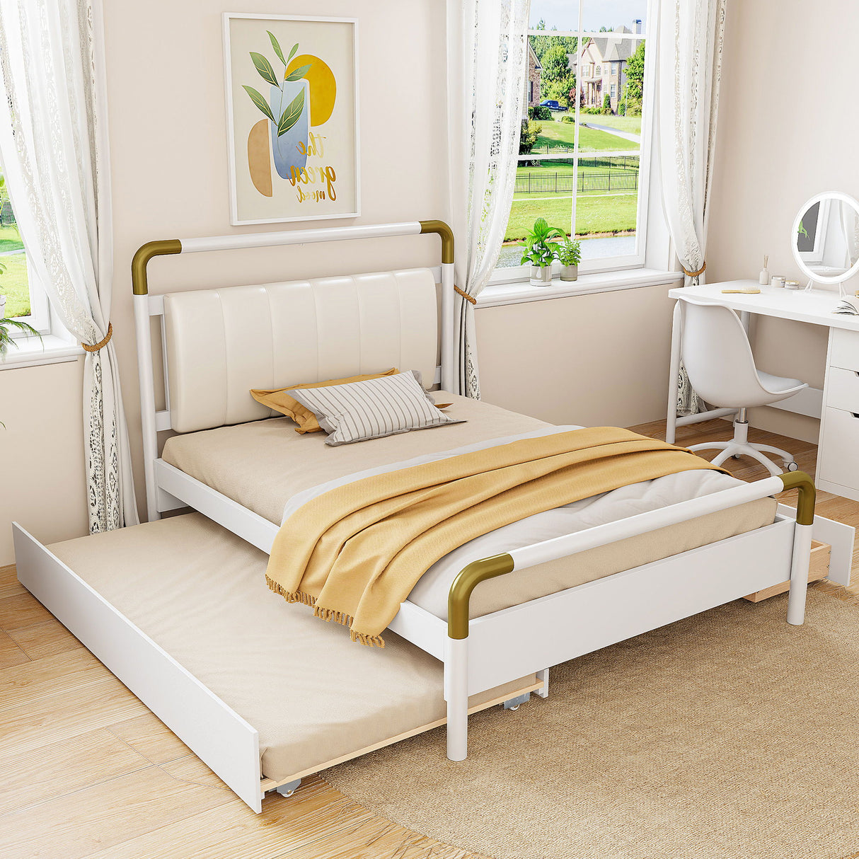 Storage Platform Bed, With 2 Big Drawers, Trundle