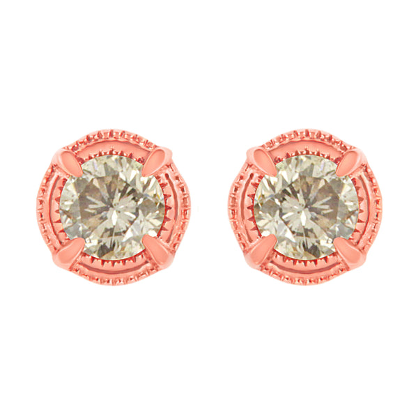 14K Yellow Gold Plated .925 Sterling Silver 1.0 Cttw Round Brilliant Cut Diamond Solitaire Milgrain Stud Earrings (K-L Color, I2-I3 Clarity)