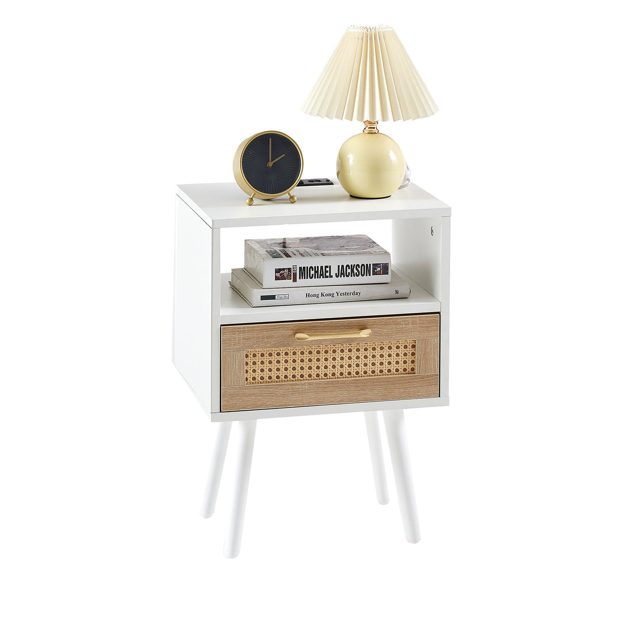 15.75" Rattan End Table With Power Outlet & USB Ports, Modern Nightstand With Drawer And Solid Wood Legs, Side Table For Living Room, Bedroom