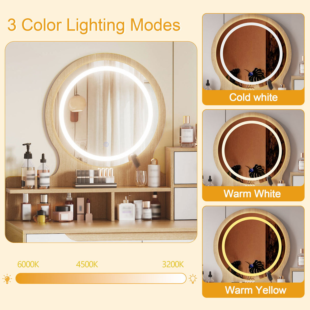 Elegant Makeup Vanity Desk With Adjustable Lighted Mirror Table Feet - American White Oak