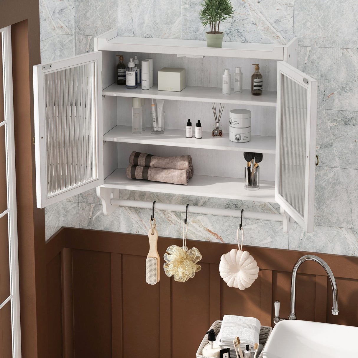 Vintage Double Door Wall Cabinet With Three Tiers Storage And Towel Rack - White Washed