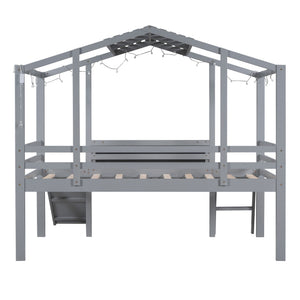 Loft House Bed With Ladder And Slide, With board And Light Strip On The Roof