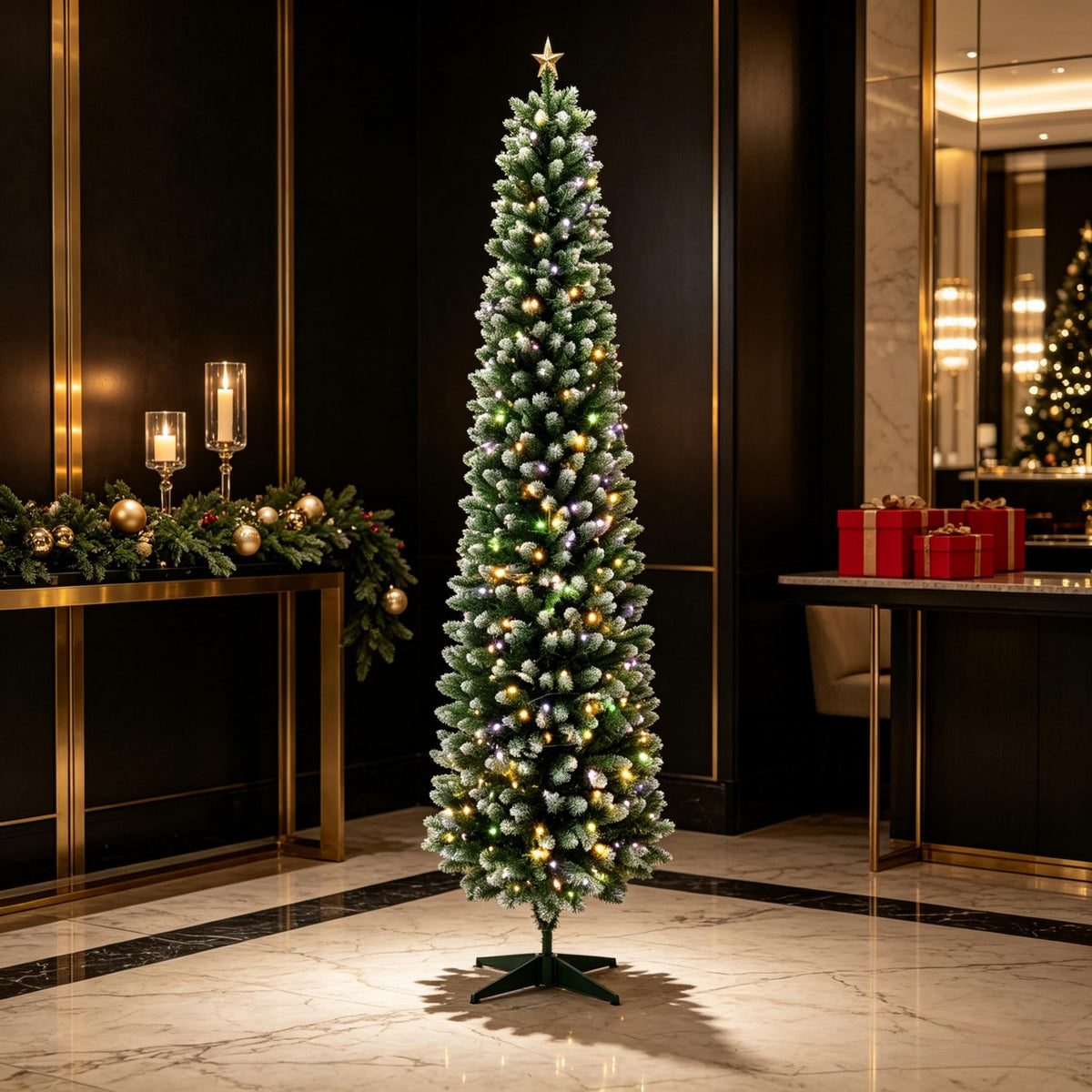 7ft Flocked Pencil Prelit Christmas Tree, Dual-Color