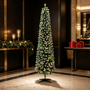 7ft Flocked Pencil Prelit Christmas Tree, Dual-Color