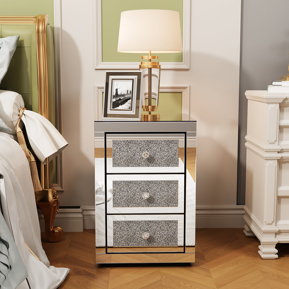 3-Drawer Mirrored Nightstand Bedside Table