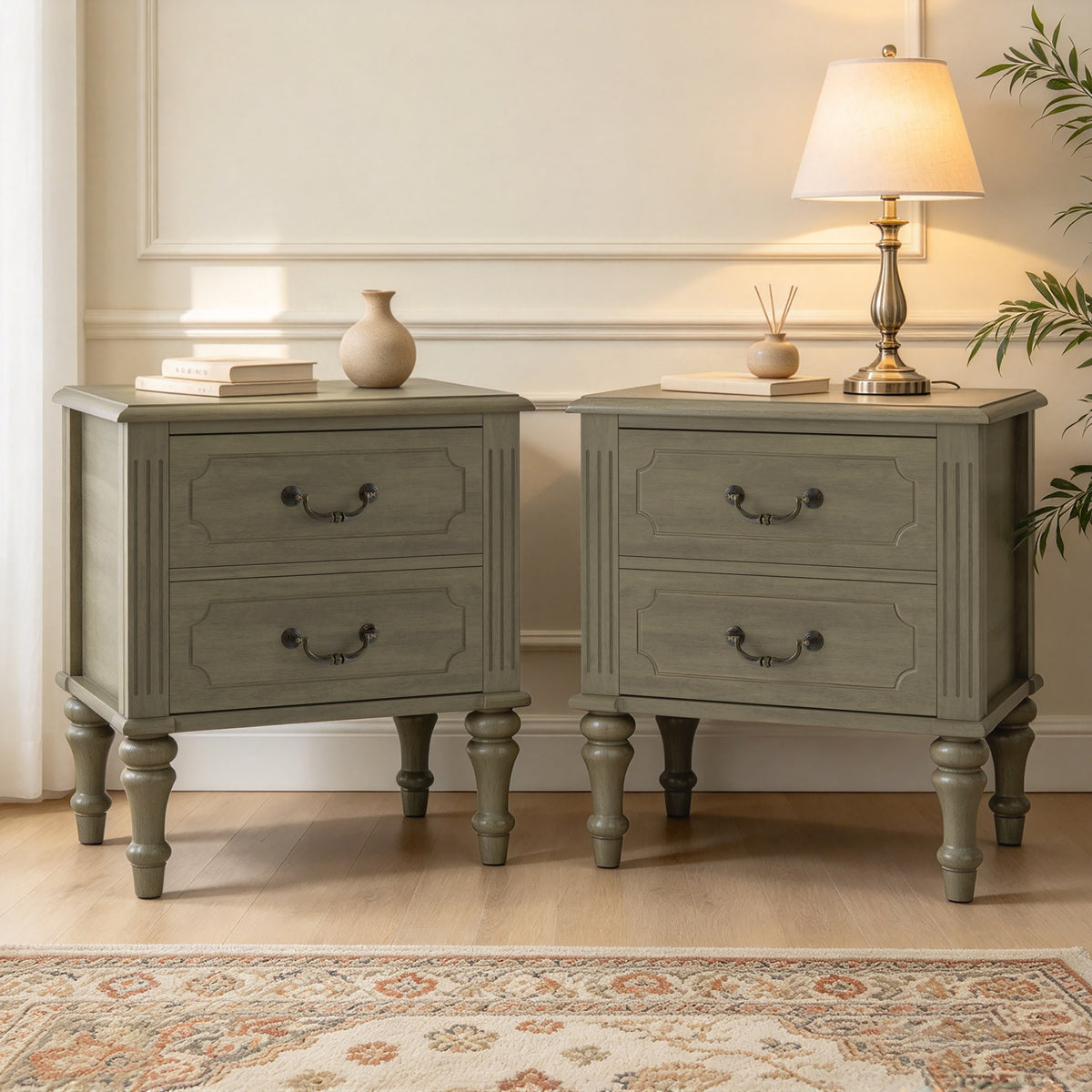 Fluted Nightstand 2-Piece Set, 21-Inch, Mid Century Modern Solid Wood, Antique Bronze