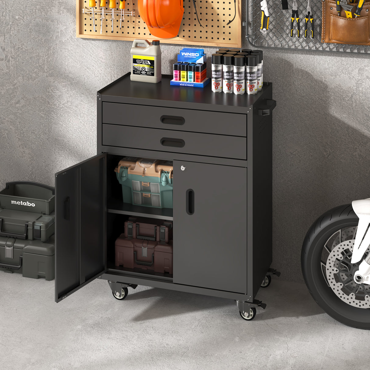 Metal Tool Garage Storage Cabinet with 2 Drawers and 2 Doors, with Wheels and Lock