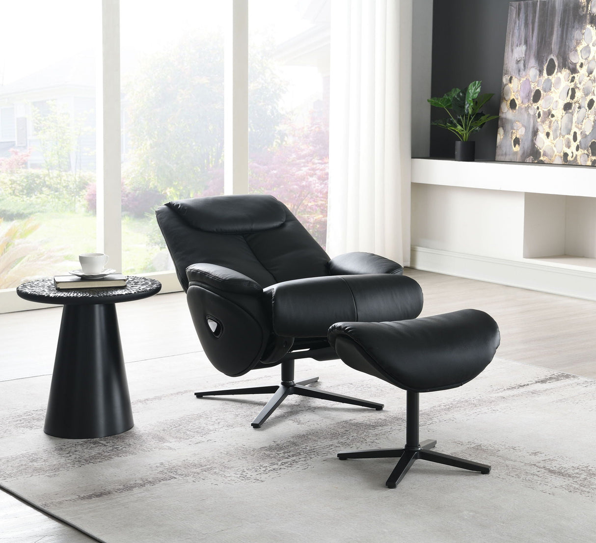 Labotina - Top Grain Leather Accent Chair With Swivel & Ottoman - Black - Best Buy Furniture